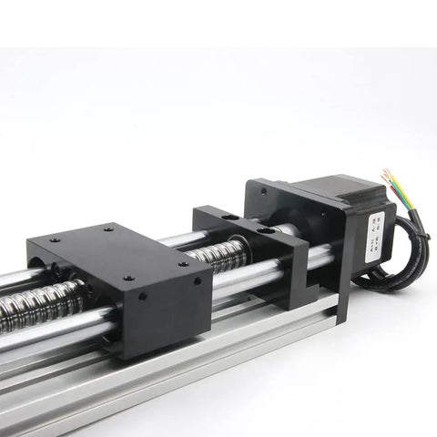 Side view of Dual Optical Axis Ballscrew SFU1605 100mm Travel With NEMA23 Stepper Motor for CNC routers and 3D printers.