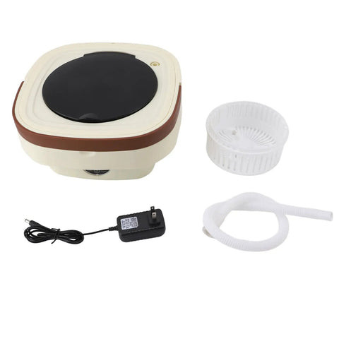 Ultra Compact Portable Washing Machine 8.5 Liter Foldable Mini Laundry Tub components including black lid, power adapter, drain hose, and filter.