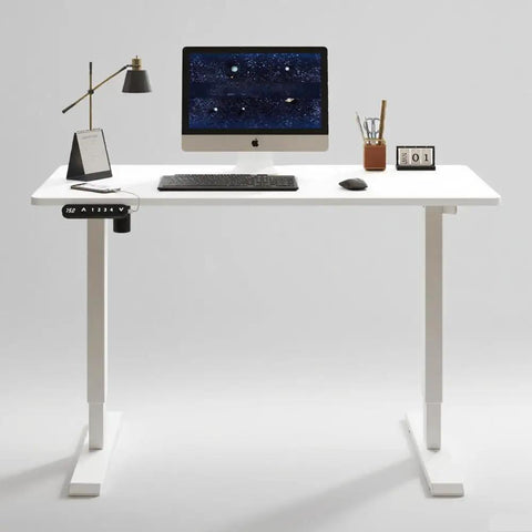 55 Inch Electric Height Adjustable Standing Desk Ultra Quiet Sit To Stand Work Table in white with monitor and accessories on top.