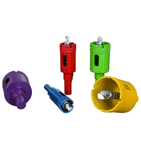 Colorful Five Piece Diamond Hole Saw Set With Spring Pilot Bit For Ceramic Porcelain Tile Marble Granite Brick Wall Dry Brazing Diamond Drill Bits 5/8 To 1-3/8 Inch Color Coded displayed on white background, showing color-coded bits with spring pilot.