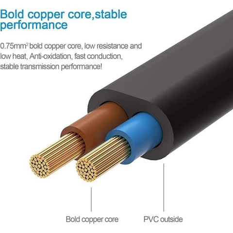 Close-up of two copper-core speaker wires with brown and blue insulation inside a black outer jacket