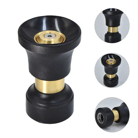 Hella Slick High Performance Water Sprinkler Head with Zinc Alloy Nozzle for Heavy Duty Garden Irrigation and Car Wash plus Deck and Gutter Cleaning Black Multi Mode Spray Full Control close-up showing black and gold design.
