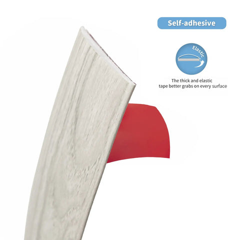 Self Adhesive Vinyl Floor Transition Strip For Laminate And Tile Floors A Flat Divider showing white washed surface with red adhesive backing.