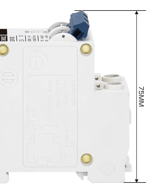 Side view of AC Miniature Circuit Breaker 2 Pole 20 Amp 110V Low Voltage Disconnect Switch for DIN Rail Mount with 75mm height.