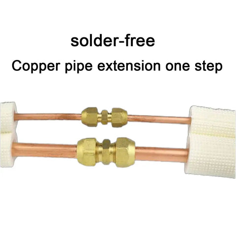 2 Pack Copper Pipe Extension Joint Connectors solder-free for air conditioning lines showing quick connect flare nut adapters.
