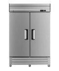 Heavy Duty Two Door Reach In Commercial Freezer 49 Cu Ft Stainless Steel Upright Deep Freeze With Eight Adjustable Shelves ETL Certified For Restaurant Kitchens And Home Bars front view with handles
