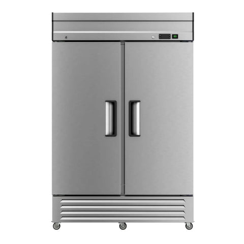Heavy Duty Two Door Reach In Commercial Freezer 49 Cu Ft Stainless Steel Upright Deep Freeze With Eight Adjustable Shelves ETL Certified For Restaurant Kitchens And Home Bars front view with handles