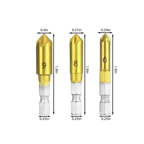 Pro DIY Countersink Drill Bit Set with Hex Shank for Woodworking, Chamfering Holes, 3-piece set dimensions shown