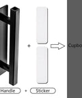 10 Pack Self Stick Black ABS Plastic Cabinet Drawer Handles For Kitchen shown with adhesive strips for installation.