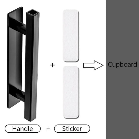 10 Pack Self Stick Black ABS Plastic Cabinet Drawer Handles For Kitchen shown with adhesive strips for installation.