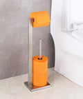 Free Standing Toilet Paper Holder With Reserve, SUS 304 Stainless Steel Floor Stand Tissue Roll Holder, Brushed Finish next to toilet