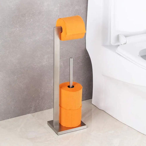Free Standing Toilet Paper Holder With Reserve, SUS 304 Stainless Steel Floor Stand Tissue Roll Holder, Brushed Finish next to toilet