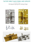Two Pack 4 Inch Automatic Door Hinges Self Closing Heavy Duty Spring Hinges With 90 Degree Positioning Brushed Silver Finish Iron Construction And Built In Door Stopper For Home Office, shown in silver and gold with installation screws