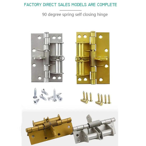Two Pack 4 Inch Automatic Door Hinges Self Closing Heavy Duty Spring Hinges With 90 Degree Positioning Brushed Silver Finish Iron Construction And Built In Door Stopper For Home Office, shown in silver and gold with installation screws