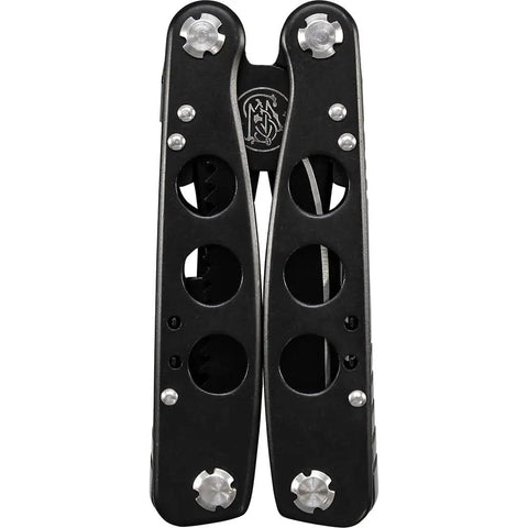 Front view of Six Point Five Inch Stainless Steel 14 Function Beefy All In One Multi Tool With Bottle Opener Pliers Screwdrivers And Sheath