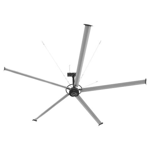 Heavy Duty 16Ft Hvls Industrial Ceiling Fan With 208 240V Three Phase, silver fan blades for cooling large warehouse spaces.