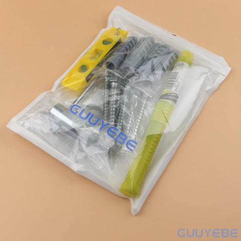 Drywall Anchors And TV Wall Mount Kit With M8 Lag Bolts And Washers, Concrete Wall Anchors, Bubble Level, Socket Tool, And Two Drill Bits For Precise Installation In Wood Or Concrete in a clear plastic bag.