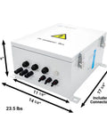 Built Tough 3 String Solar Array Combiner Box With Prewired MC4 Plugs 60 Amp 200 Volt For 10Kw Photovoltaic Panels, dimensions and connectors visible.