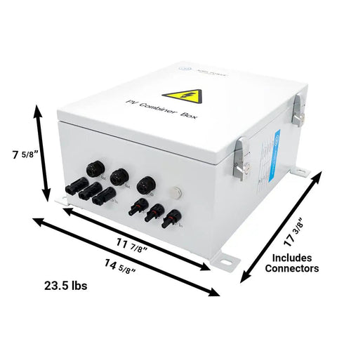 Built Tough 3 String Solar Array Combiner Box With Prewired MC4 Plugs 60 Amp 200 Volt For 10Kw Photovoltaic Panels, dimensions and connectors visible.