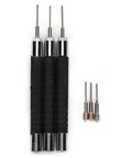 Watch Band Link Remover Tool Set With Pin Punch Kit For 0.7mm, 0.8mm And 0.9mm Pins displayed with three black handles and spare pins