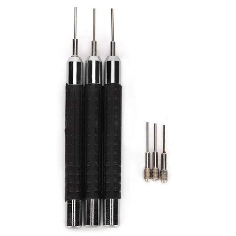 Watch Band Link Remover Tool Set With Pin Punch Kit For 0.7mm, 0.8mm And 0.9mm Pins displayed with three black handles and spare pins