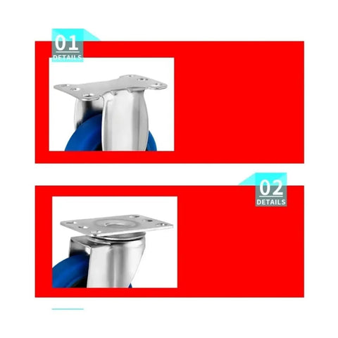 Close-up of Four Pack 4 Inch 304 Stainless Steel Casters With Medium Blue TPR Rubber Wheels Silent Universal Swivel Rolling Brackets.