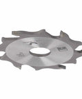 4 Inch 6 Tooth Carbide Biscuit Joiner Blade With 22mm Bore Replacement Plate For Woodworking close-up on teeth and bore