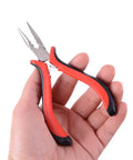 Hand holding three-hole hair pliers from Pro Grade Hair Extensions Tool Kit With 200 Silicone Micro Lined Beads Three Hole Hair Pliers Sewing Thread Loop Needle Threader Pulling Hook Needle and 8 Sewing Needles Dark Brown.