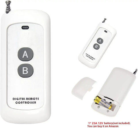 Wireless Relay Switch Kit With 433MHz Remote showing front and back views, with battery compartment open, compatible with DC 3.6V-24V systems.