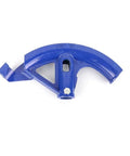 Close-up of a blue professional manual steel pipe bender part for shaping copper aluminum tubes with ergonomic design.