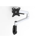 Slick Wall Mount Monitor Arm With Smooth Full Motion Articulation Premium Aluminum Mechanical Spring Display Stand Ergonomic Silver Laptop Workstation Ultra Heavy Duty, showing white and black arm mounted on wall.