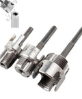 All In One Dual Function Pipe Thread Cutter Kit For Half Inch Three Quarter Inch And One Inch PVC Pipes With Internal And External Threading No Fuss Electric Drill Compatible Pipe Threader Set displayed with three cutting heads in front view