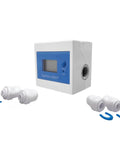 Real Time Water Flow Meter For Irrigation And Garden Hose GPM Usage Monitor with display and connectors, white and blue design