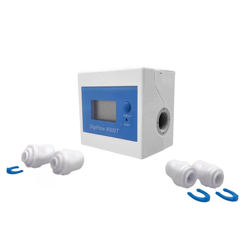 Real Time Water Flow Meter For Irrigation And Garden Hose GPM Usage Monitor with display and connectors, white and blue design