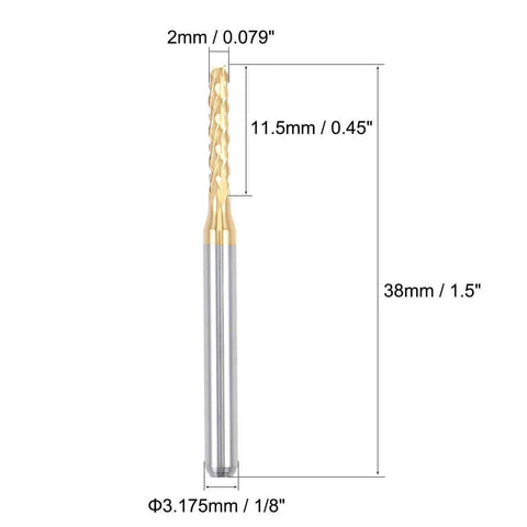 Two Millimeter Titanium-Coated Carbide End Mill For PCB Engraving And Milling, front view showing dimensions and titanium coating
