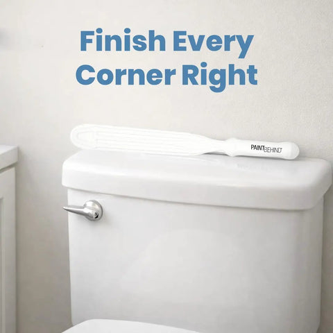 Paint Behind Toilet Tool Kit With 12-Inch Reach Flat Brush for narrow spaces behind toilets, shown on a toilet tank