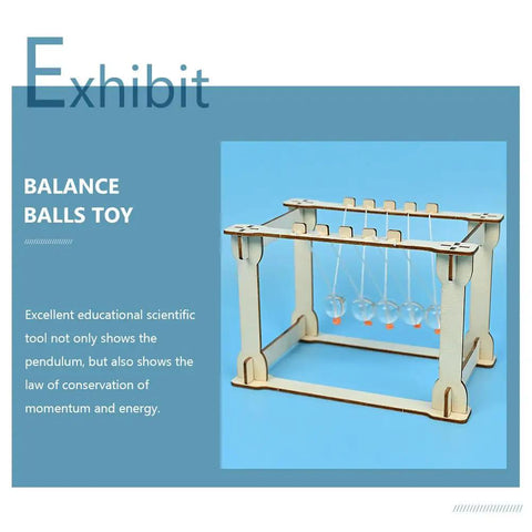 DIY Newton Cradle Science Kit For Office, Classroom And Home Desk Decor, Fun Educational Physics Toy Demonstrating Momentum And Energy Conservation, Hands On STEM Learning shown with balance balls on blue background