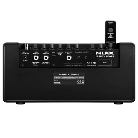 Rear view of 30W Wireless Modeling Guitar Amplifier With Built In IRs Dual 4 Inch Coaxial Speakers 7 Presets Ultra Low Latency 7 Hours Play Time Ultra Portable Practice Amp For On The Go Jams showing control panel and inputs.