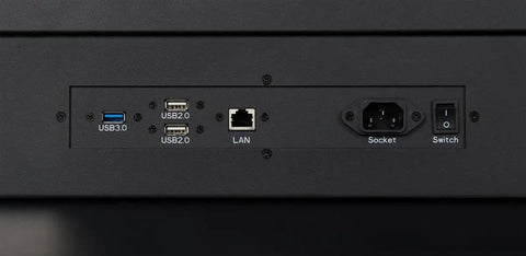 Connectivity ports on the back of Top Shelf 49 Inch Interactive Touchscreen Kiosk with USB, LAN, and power options.
