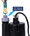 Foolproof Submersible Sump Pump With A Badass One Third HP Motor Moving 2500 GPH, 3/4 inch garden hose thread connection.