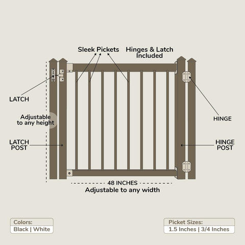 Adjustable Aluminum Deck Gate Kit In White For One And A Half Inch Pickets Fits Openings Up To 48 Inches Cut To Height Diagram