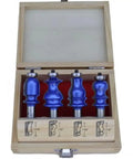 Get That Dope Finish Every Time With This Top Notch Four Piece Face Molding Router Bit Set Featuring Anti Kick Back Blades Engineered For Precision Work On Router Tables in a wooden case.