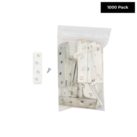Pack Of One Thousand Three Inch Zinc Plated Steel Mending Plates Four Hole Corner Braces Built Different For Woodwork And Repair Straight Up Corrosion Resistant, displayed in a clear bag with screws.