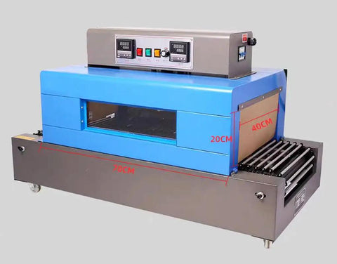 No Fuss Thermal Heat Shrink Packaging Machine Tunnel With Digital Temp Control For Pof Pvc Sheets And Channel Signs Killer Industrial Sealer Unit Delivering Slick Wrap Results Daily, blue machine with digital display and rollers.