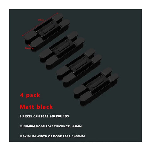 Heavy Duty Invisible Door Hinges Matte Black Set Of Four Adjustable, 246mm x 34mm, design for wooden doors.
