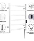 6 Bar Electric Towel Warmer Rack Wall Mount Plug In Bath Towel Heater Black Finish Timed Heating design features chart