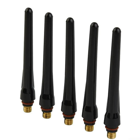 Premium 5 Pack Long Back Cup For TIG Torch WP-17 WP-18 WP-26 High Temp Resistant Ceramic nozzle in black, suitable for precision welding.