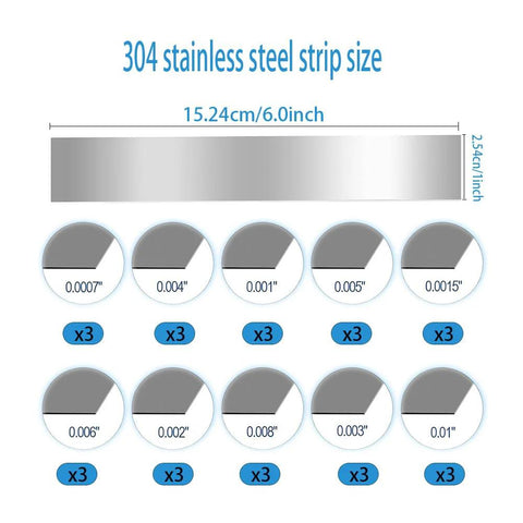 30-piece 304 stainless steel shim stock set, 1 in x 6 in, includes 10 thicknesses for leveling and gap filling