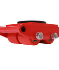 Dead Nuts Heavy Duty Machinery Skates Featuring 360 Degree Swivel Wheels For Seamless Heavy Equipment Transport And No Sweat Warehouse Moving Along With Built In Storage Handle, red steel skate with two polyurethane wheels.