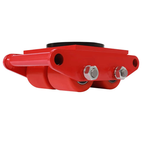 Dead Nuts Heavy Duty Machinery Skates Featuring 360 Degree Swivel Wheels For Seamless Heavy Equipment Transport And No Sweat Warehouse Moving Along With Built In Storage Handle, red steel skate with two polyurethane wheels.